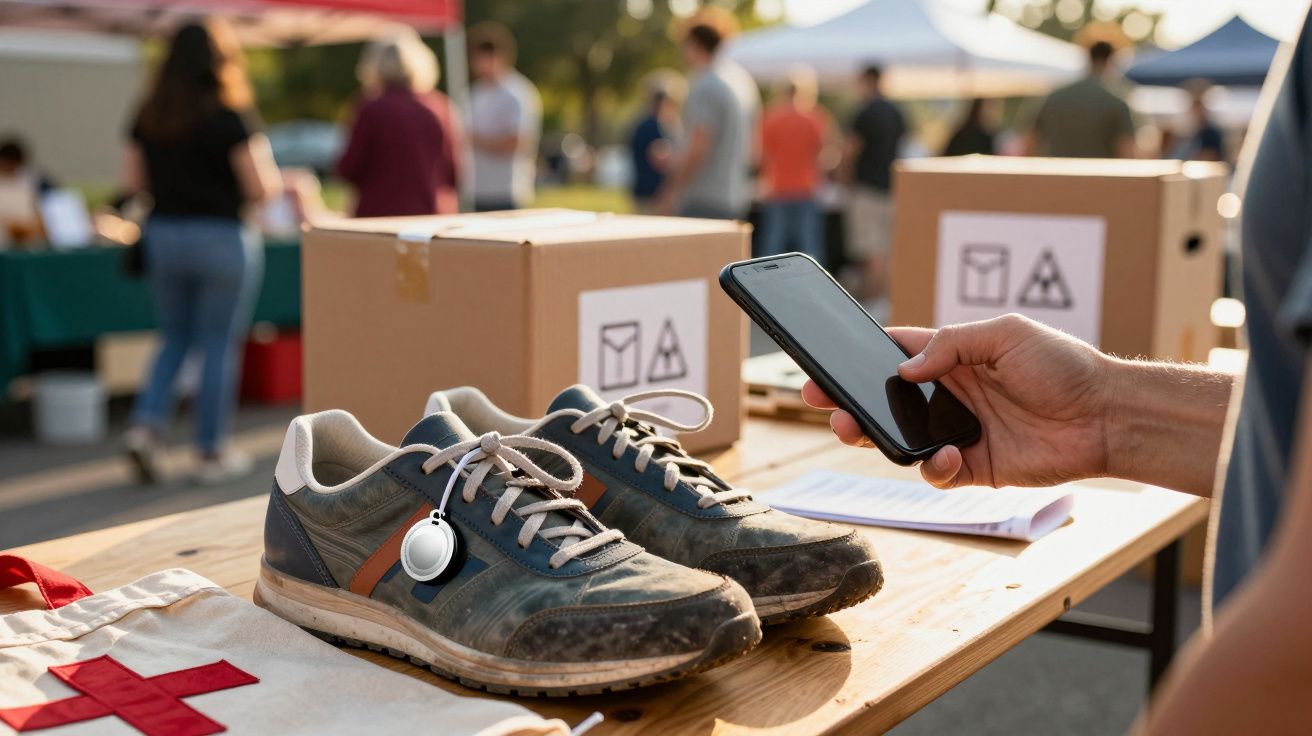 Sapatos de ténis usados sobre mesa de madeira, com uma pessoa segurando telemóvel, em ambiente de feira ao ar livre.