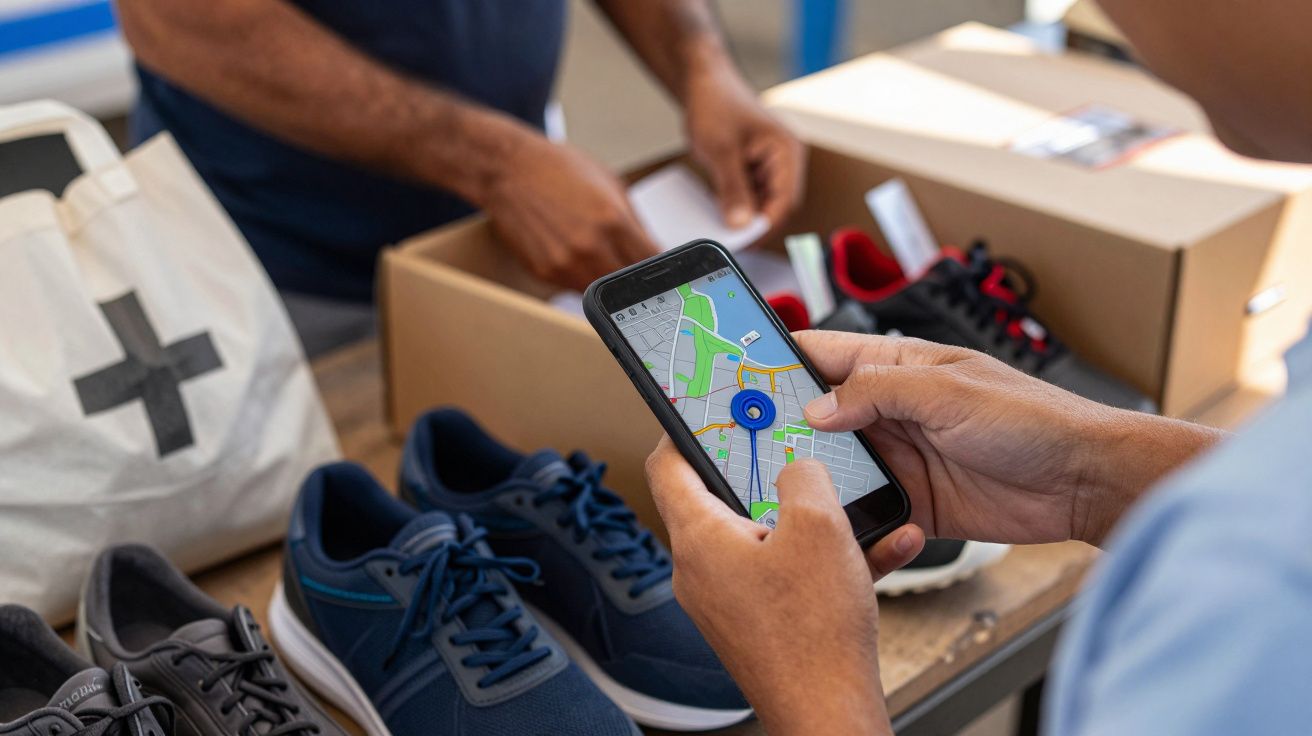 Pessoa a usar smartphone com mapa, em loja de sapatos; caixas abertas ao fundo com ténis visíveis.