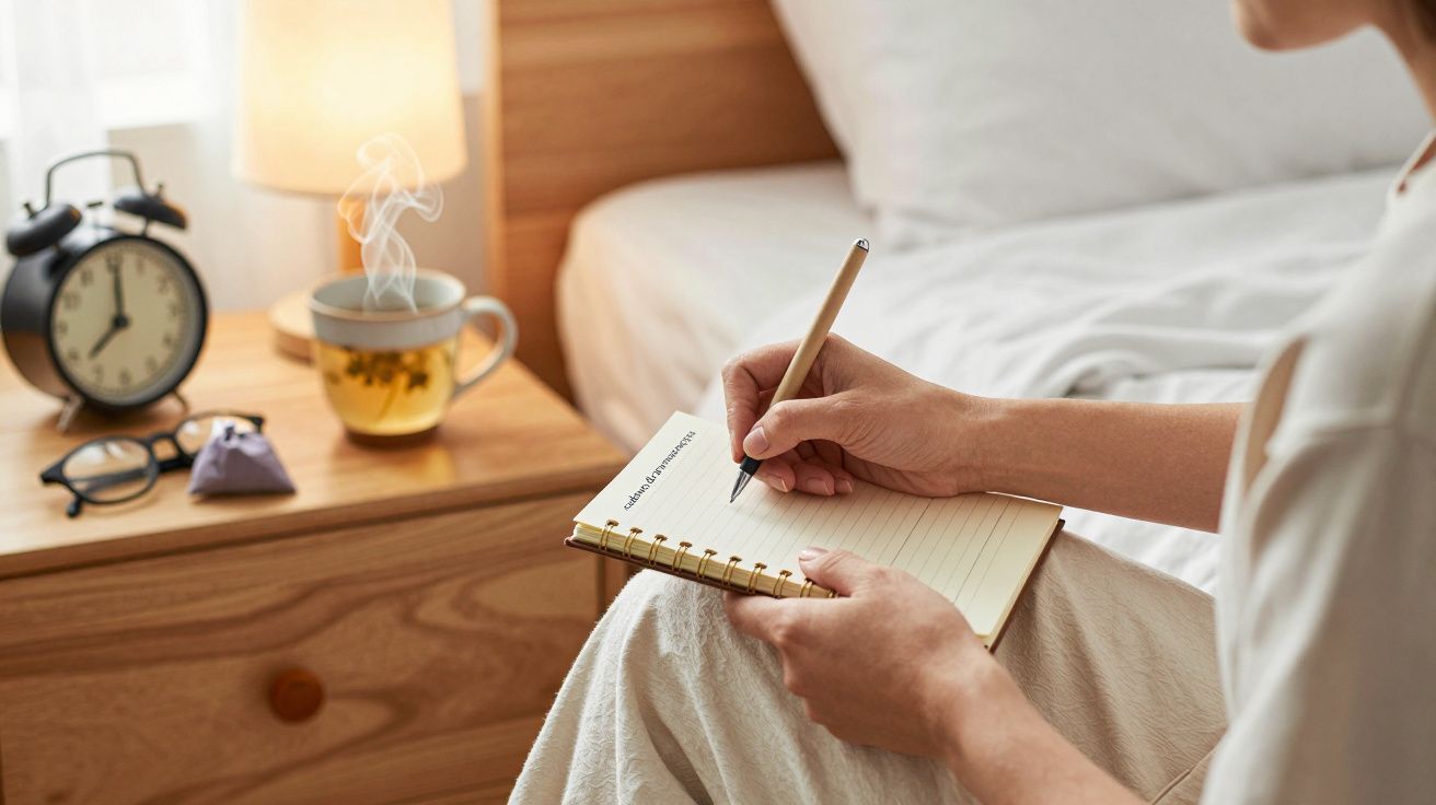 Pessoa escreve em caderno ao lado de chá quente e relógio em mesa de cabeceira num quarto iluminado.
