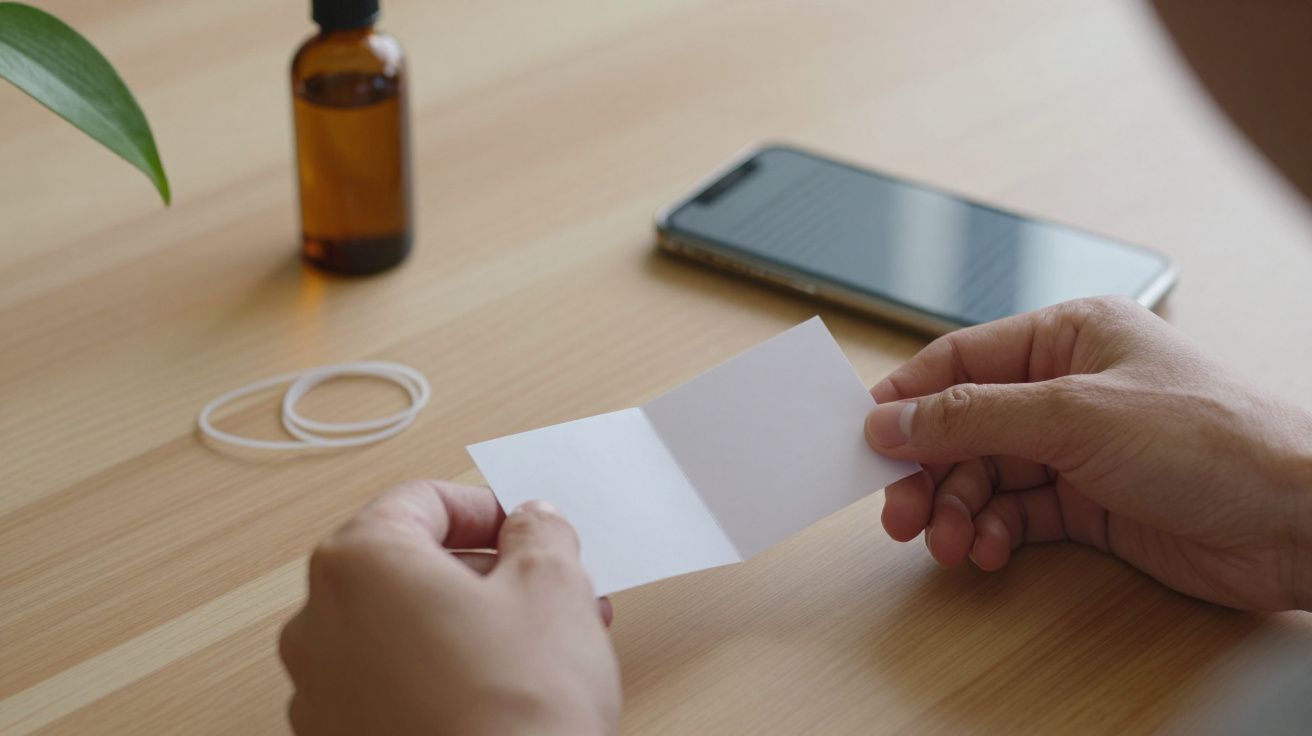 Mãos seguram papel branco em mesa de madeira com telemóvel, elásticos e garrafa âmbar ao fundo.