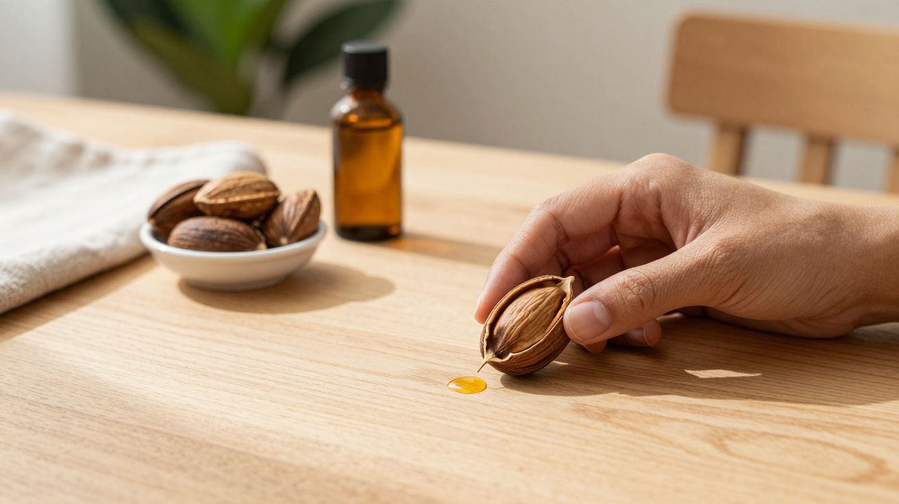 Mão segurando uma noz sobre mesa, com uma gota de óleo de noz ao lado e frasco ao fundo.