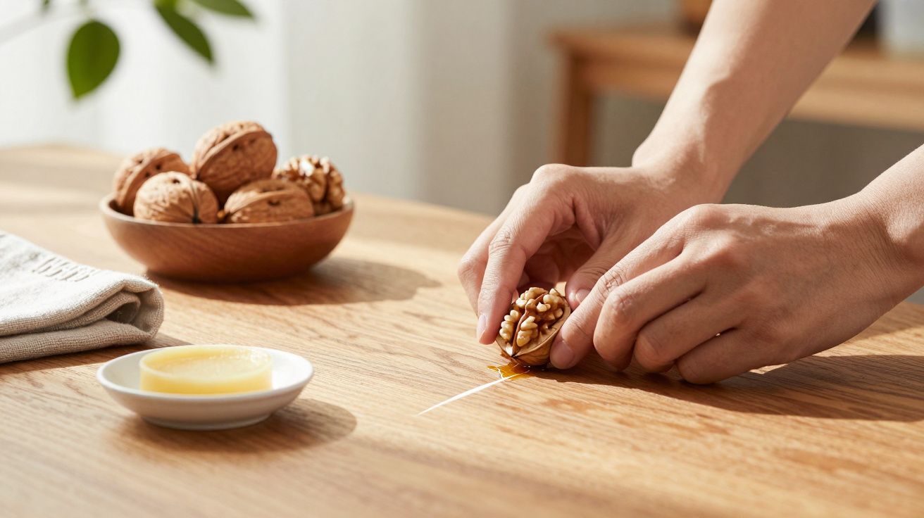 Mãos a abrir noz sobre mesa de madeira, com tigela de nozes e prato de manteiga ao lado.