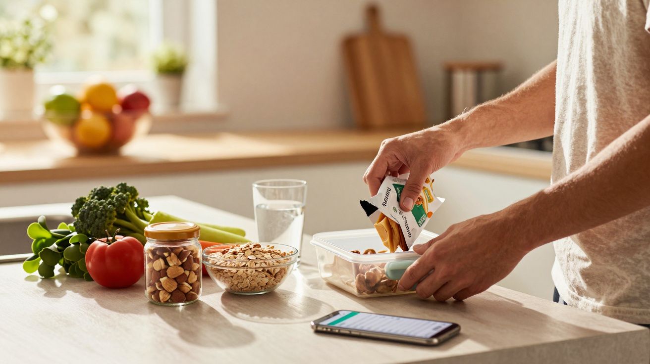 Homem a preparar lanche saudável na cozinha, com legumes, frutos secos, um copo de água e telemóvel na bancada.