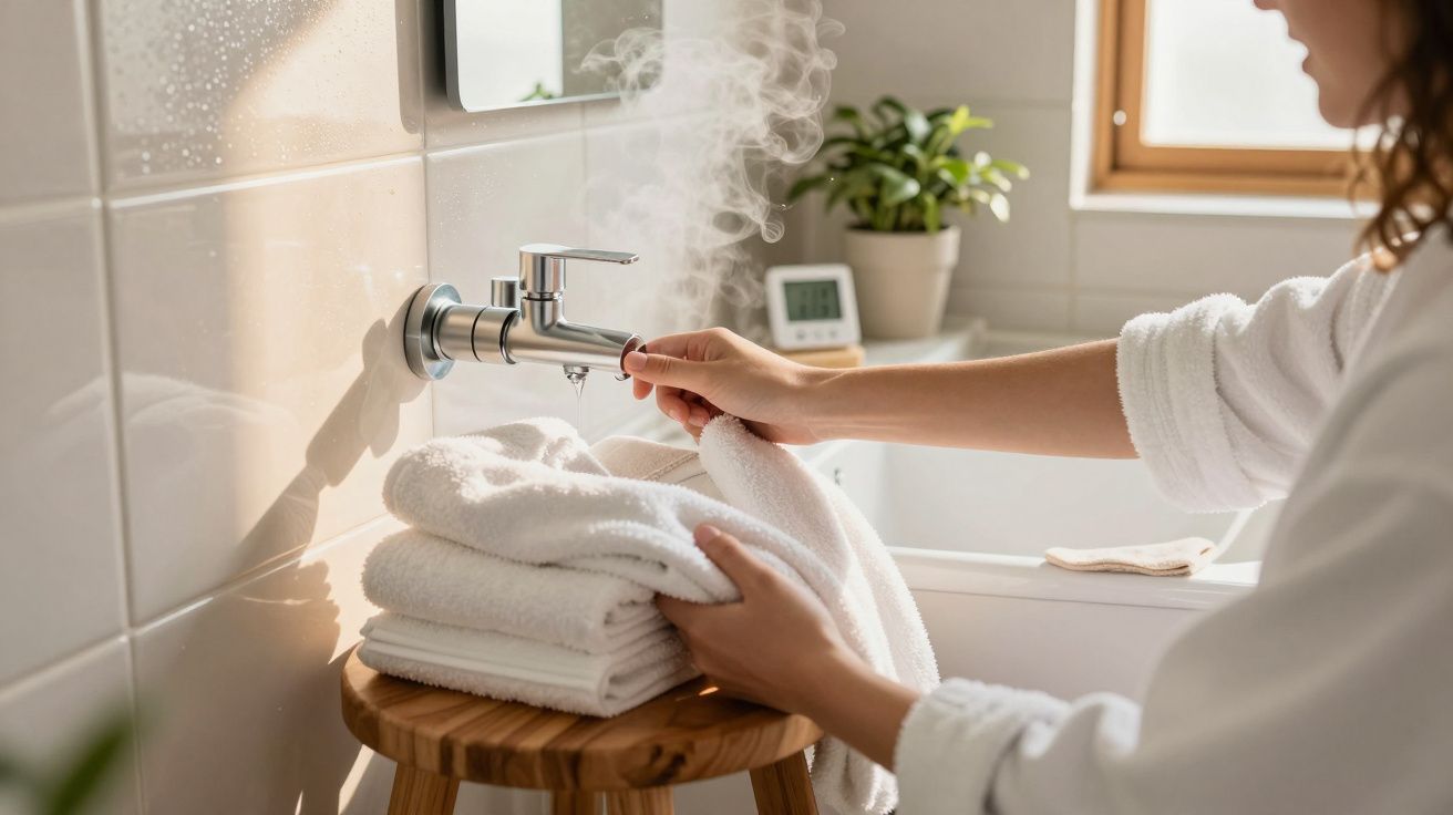 Pessoa ajusta torneira no banho, segurando toalhas brancas. Plantas e luz suave ao fundo.
