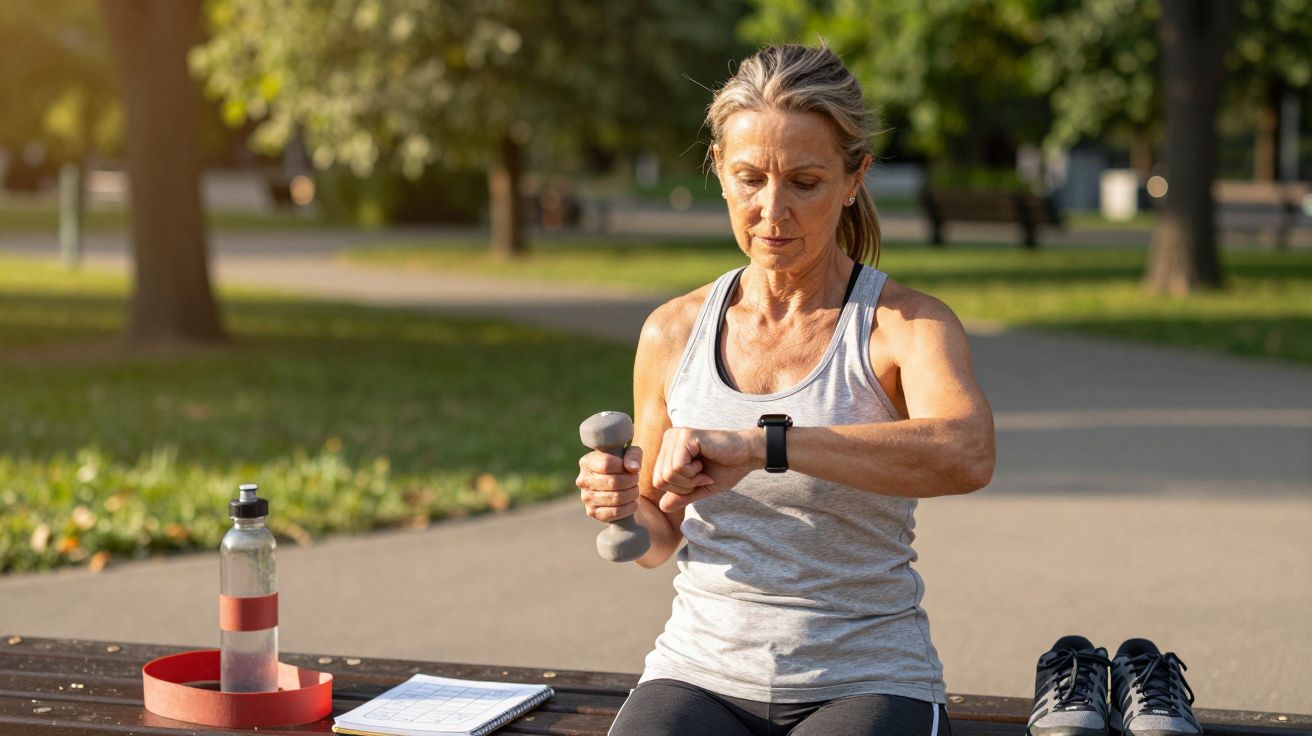 Mulher idosa em parque, segura haltere e verifica relógio. Garrafa e papel ao lado.