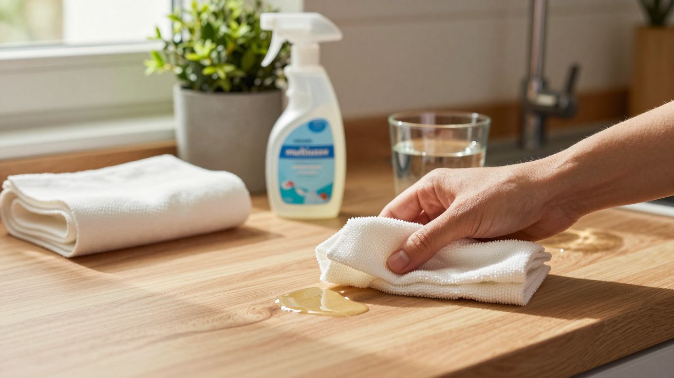 Handa limpando bancada de madeira com pano branco, spray e copo d'água ao fundo.