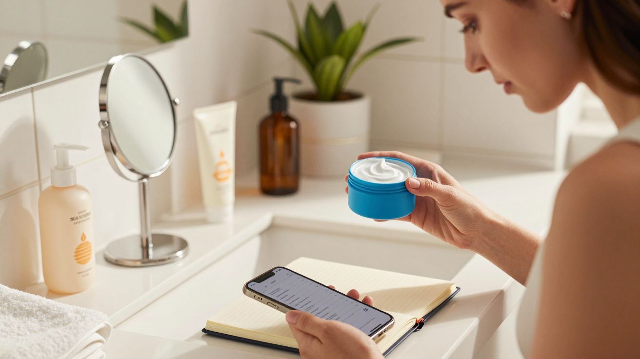 Mulher segurando creme facial e telemóvel numa casa de banho com espelho e produtos de cuidado pessoal.