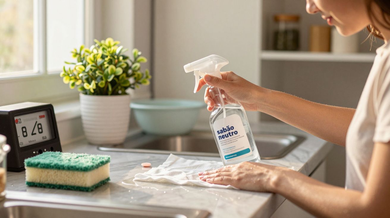 Mulher a limpar balcão de cozinha com spray de sabão neutro. Esponjas e planta ao lado.