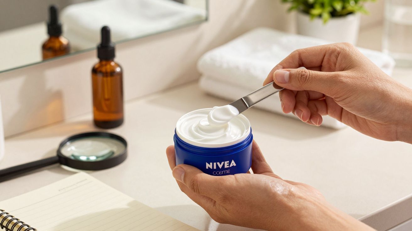 Mãos seguram pote de creme Nivea azul enquanto retiram produto com espátula em bancada de casa de banho.