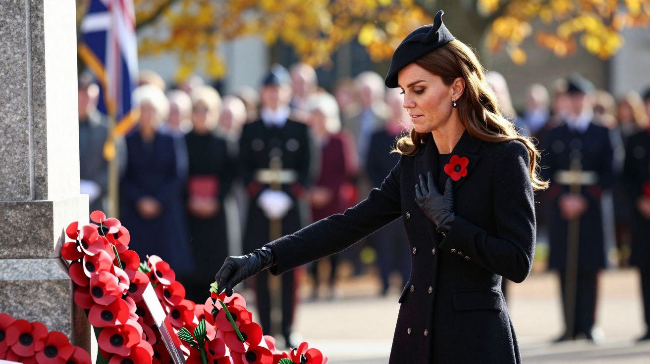 Mulher de sobretudo preto coloca coroa de papoilas vermelhas em monumento, em cerimónia ao ar livre.