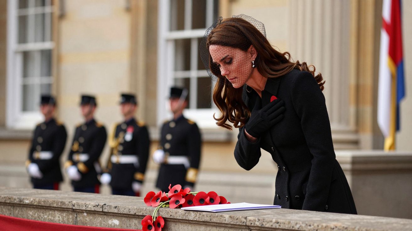 Mulher em traje preto com chapéu inclina-se sobre uma mesa com papoilas vermelhas, guardas ao fundo.