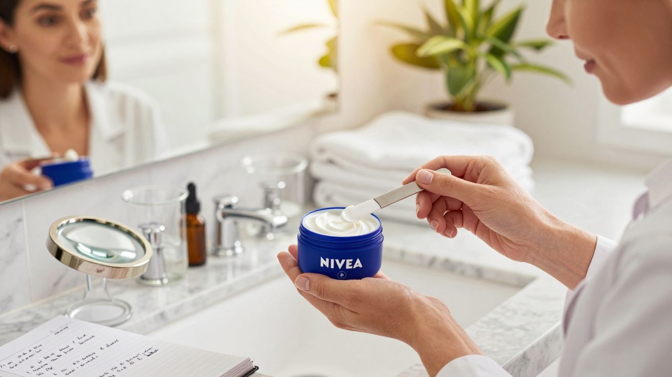 Pessoa a aplicar creme Nivea num dispensador de creme num balcão de casa de banho, com espelho e plantas ao fundo.