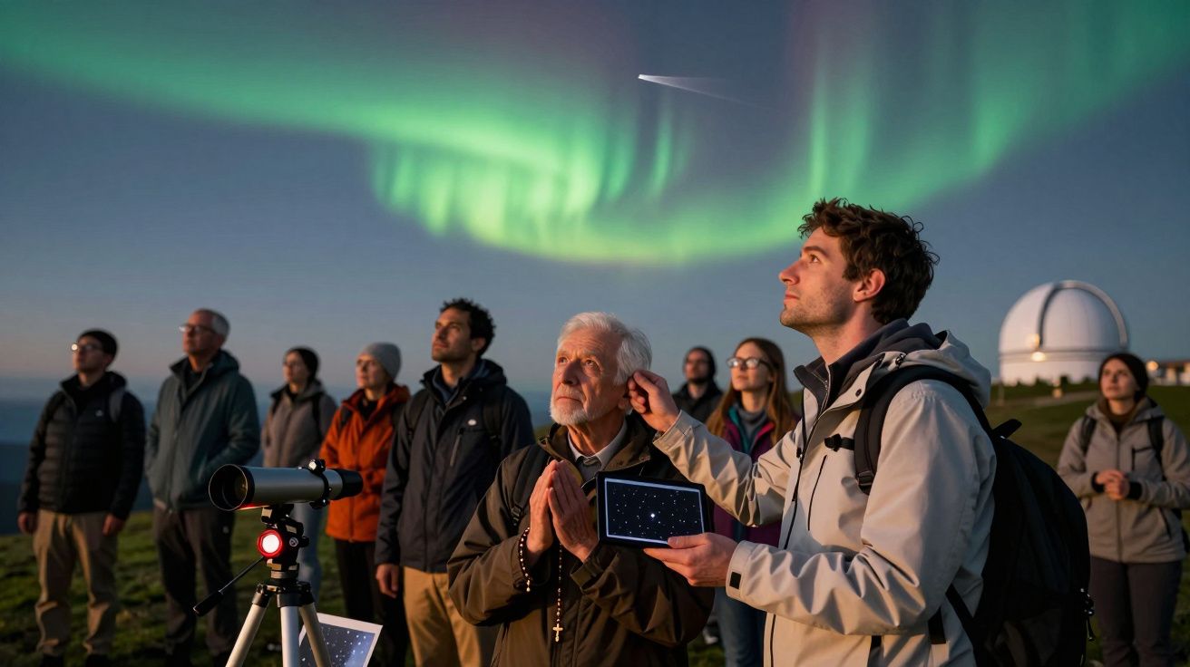 Grupo de pessoas observa aurora boreal ao lado de equipamentos astronómicos e um observatório ao fundo.