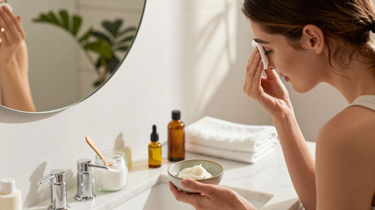 Mulher limpa o rosto com disco de algodão em frente ao espelho. Produtos de cuidado estão na bancada.