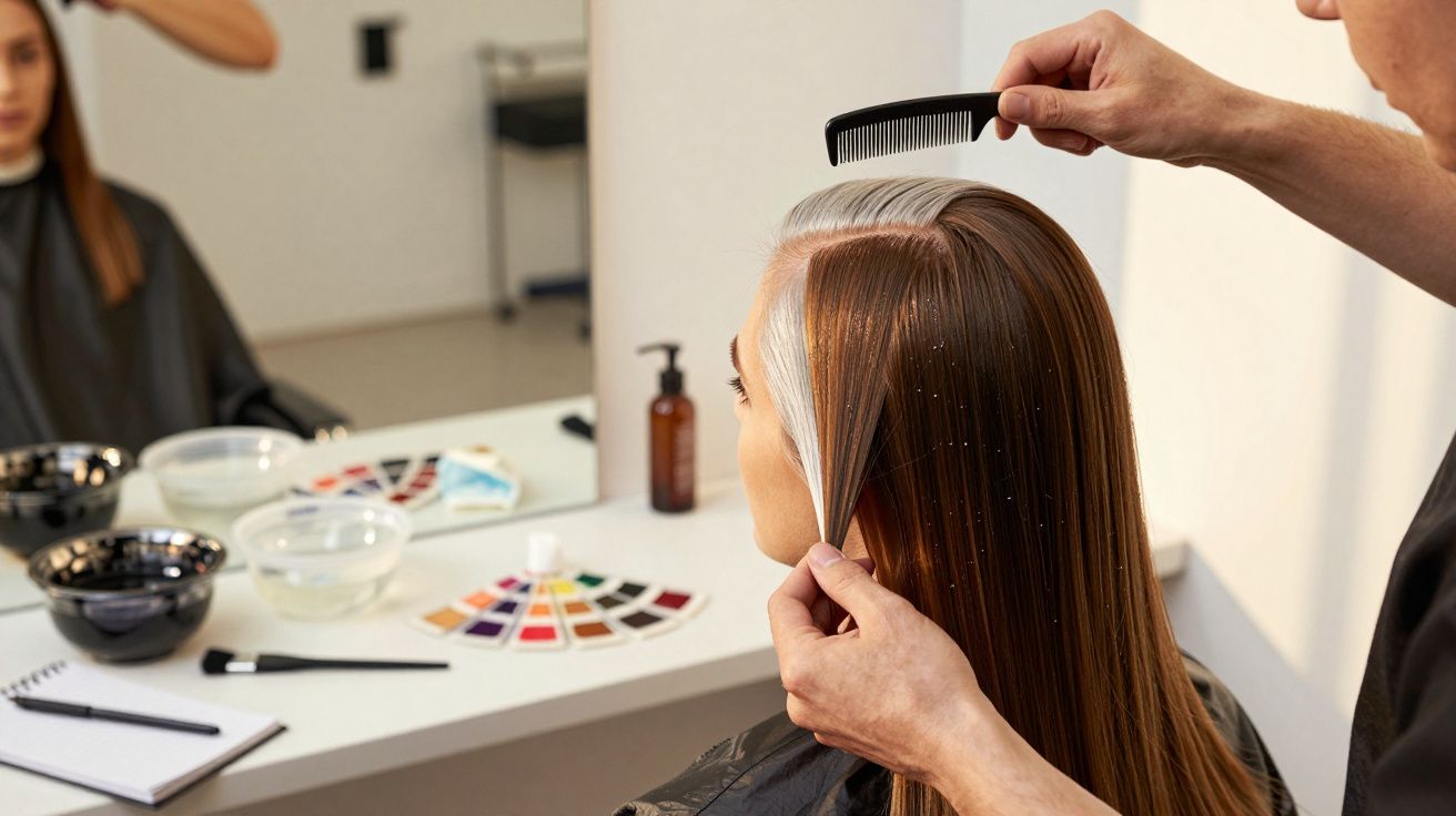 Cabeleireiro a aplicar tinta no cabelo de uma cliente, com amostras de cores e produtos na mesa ao fundo.