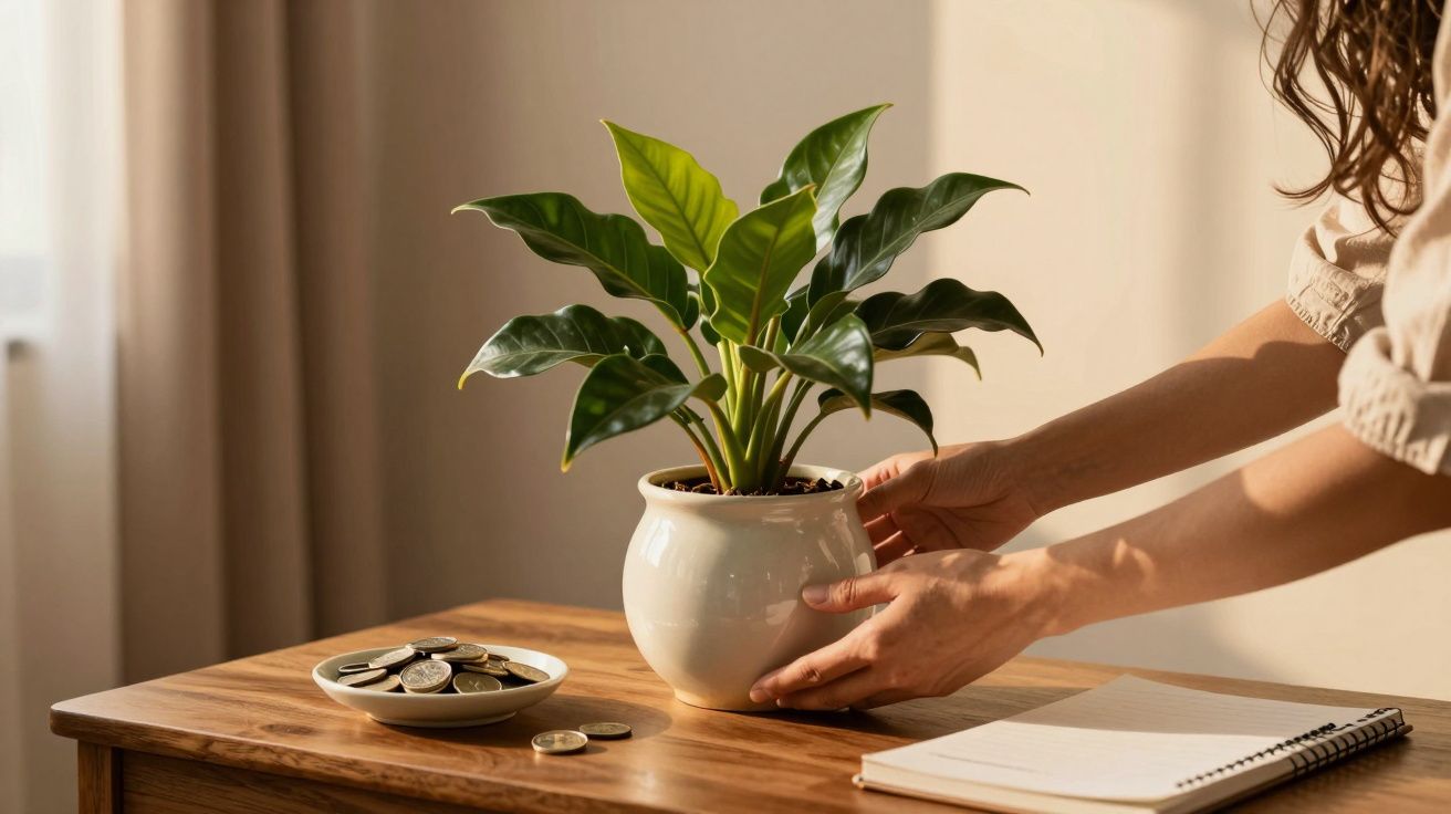 Pessoa a ajustar vaso de planta em mesa de madeira ao lado de caderno e moedas ao sol.