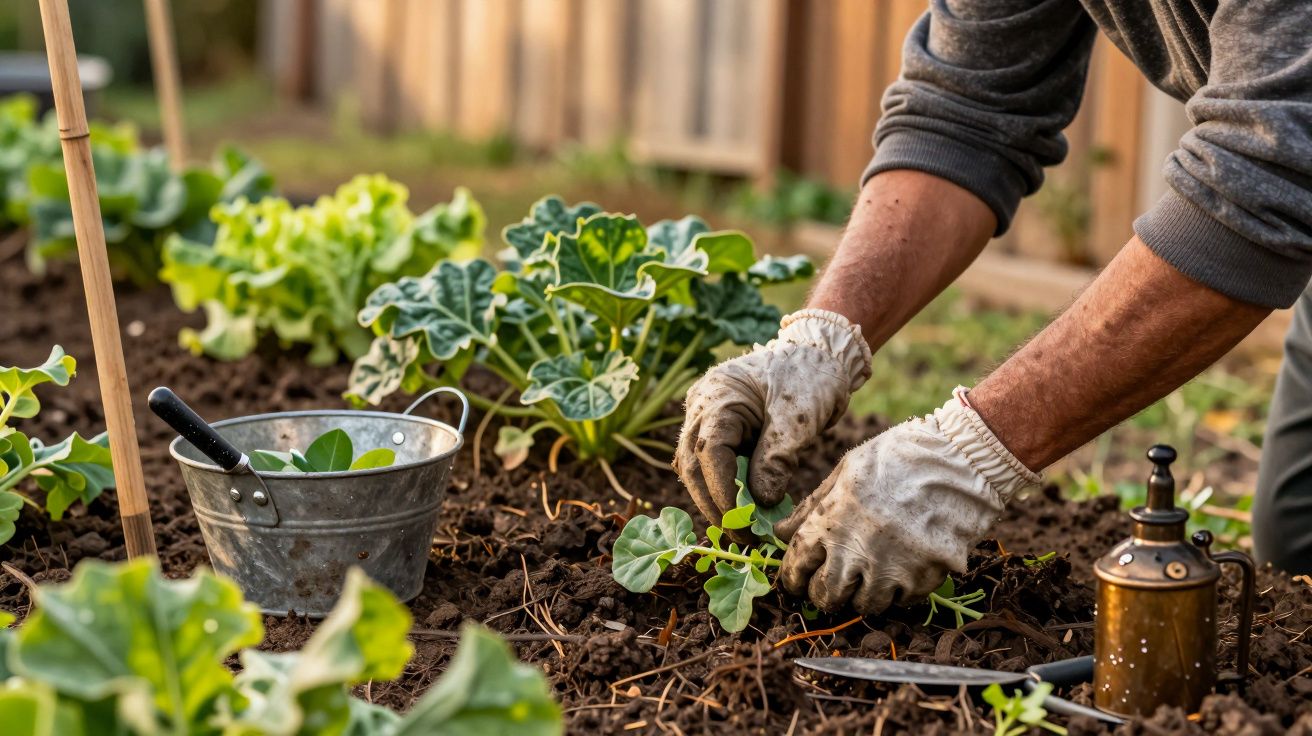 Mãos com luvas de jardinagem cuidam de plantas verdes num jardim, com ferramentas ao lado num balde metálico.