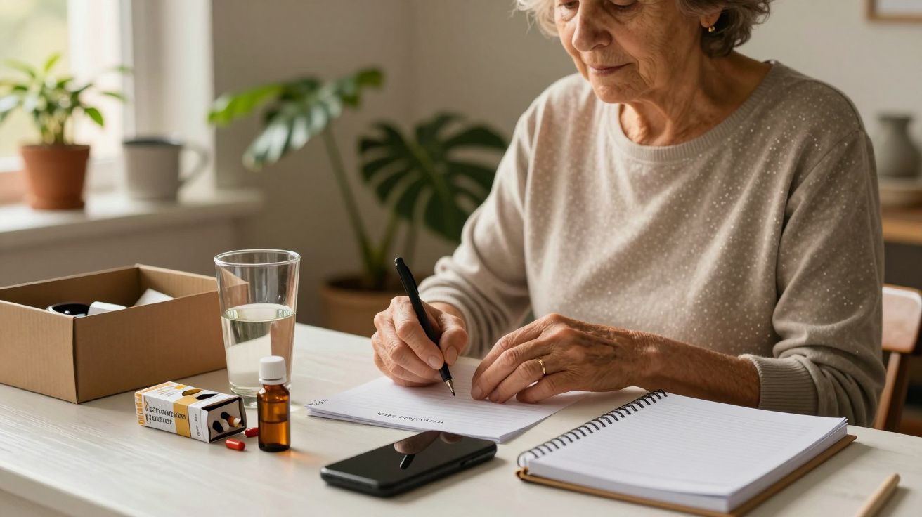 Idosa escrevendo à mesa com medicamentos, caderno e telemóvel; copo de água ao fundo.