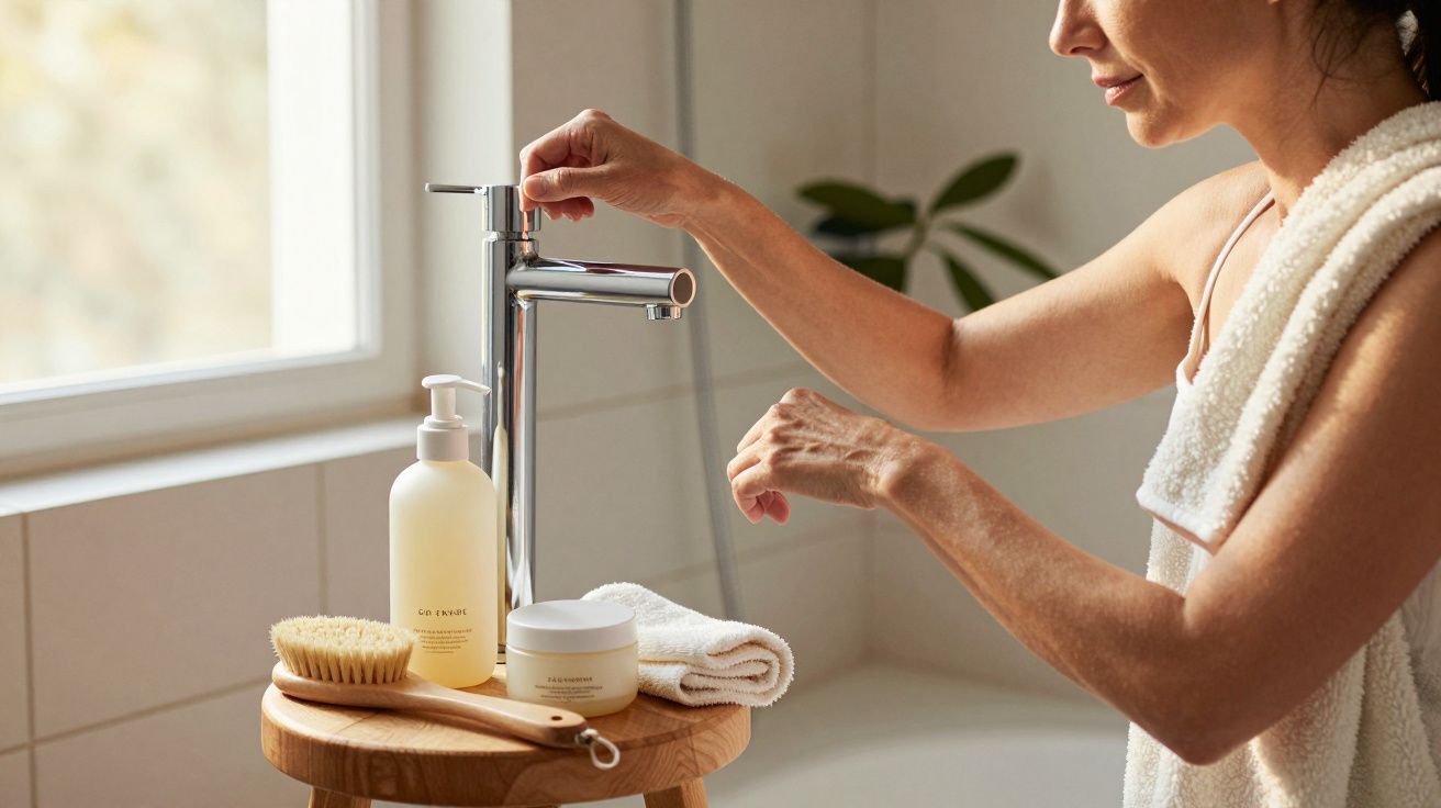 Mulher em toalha ajustando a torneira da casa de banho, com produtos de cuidado da pele e uma escova ao lado.