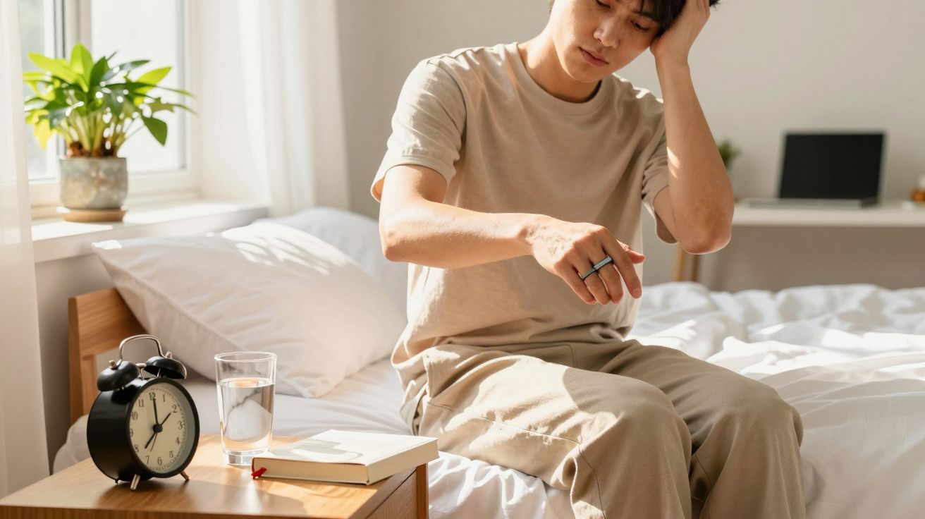 Homem sentado na cama de manhã, olhando para um relógio na mão. Mesa de cabeceira com despertador e livros.