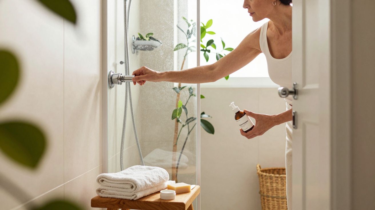 Mulher ajusta chuveiro no banheiro, segurando frasco de produto. Toalhas dobradas ao lado, planta ao fundo.