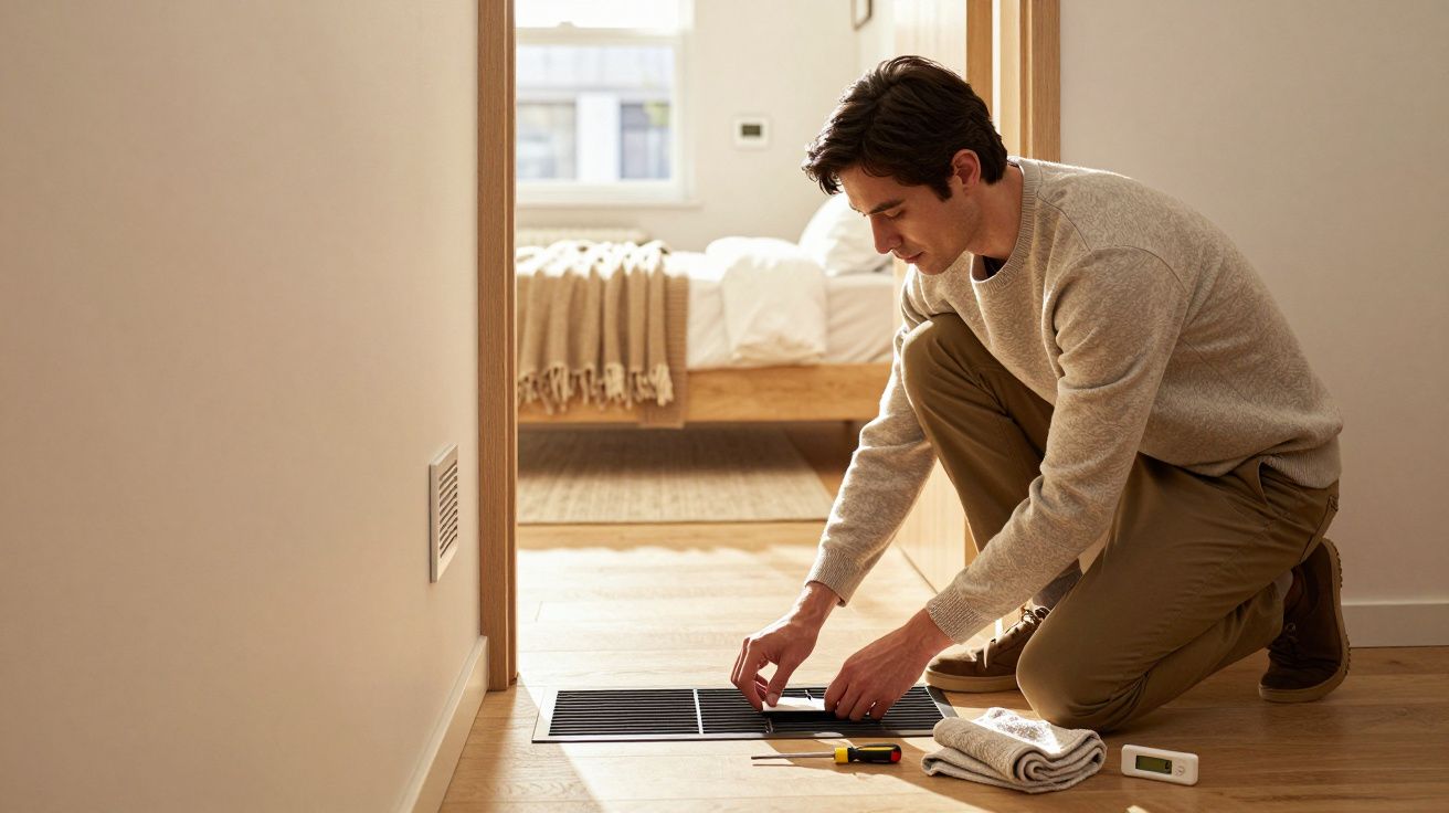 Homem ajoelhado a instalar piso aquecido num corredor iluminado, com ferramentas ao lado.