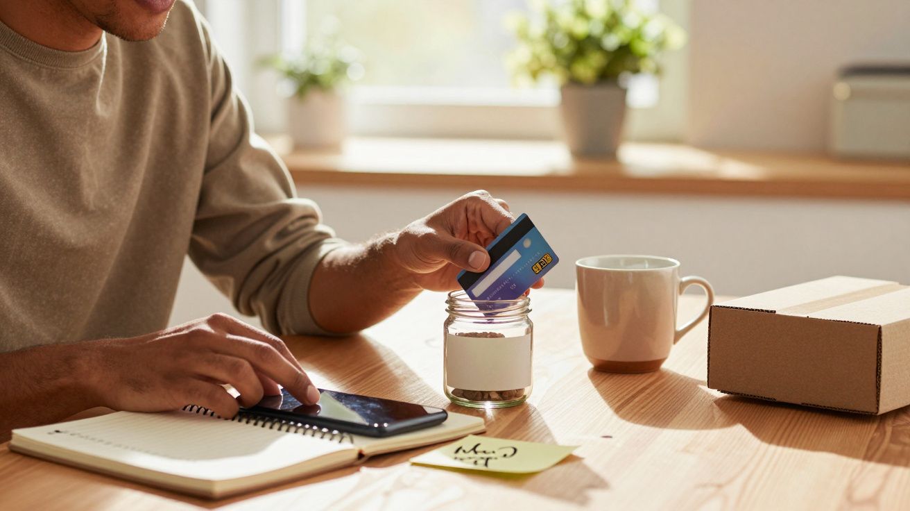 Pessoa em mesa com computador e caderno, segurando um cartão de crédito perto de um frasco de vidro.