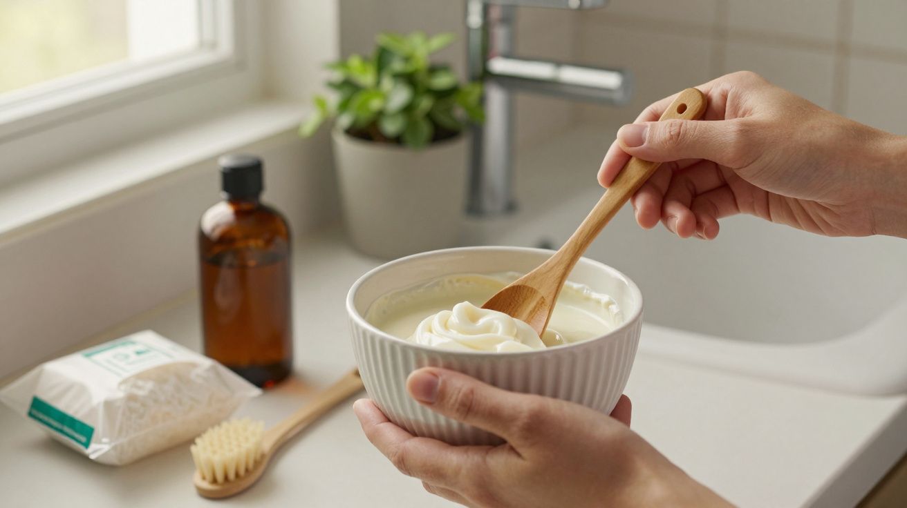 Mãos seguram uma taça branca com creme e uma colher de madeira, num balcão com plantas e produtos de higiene.
