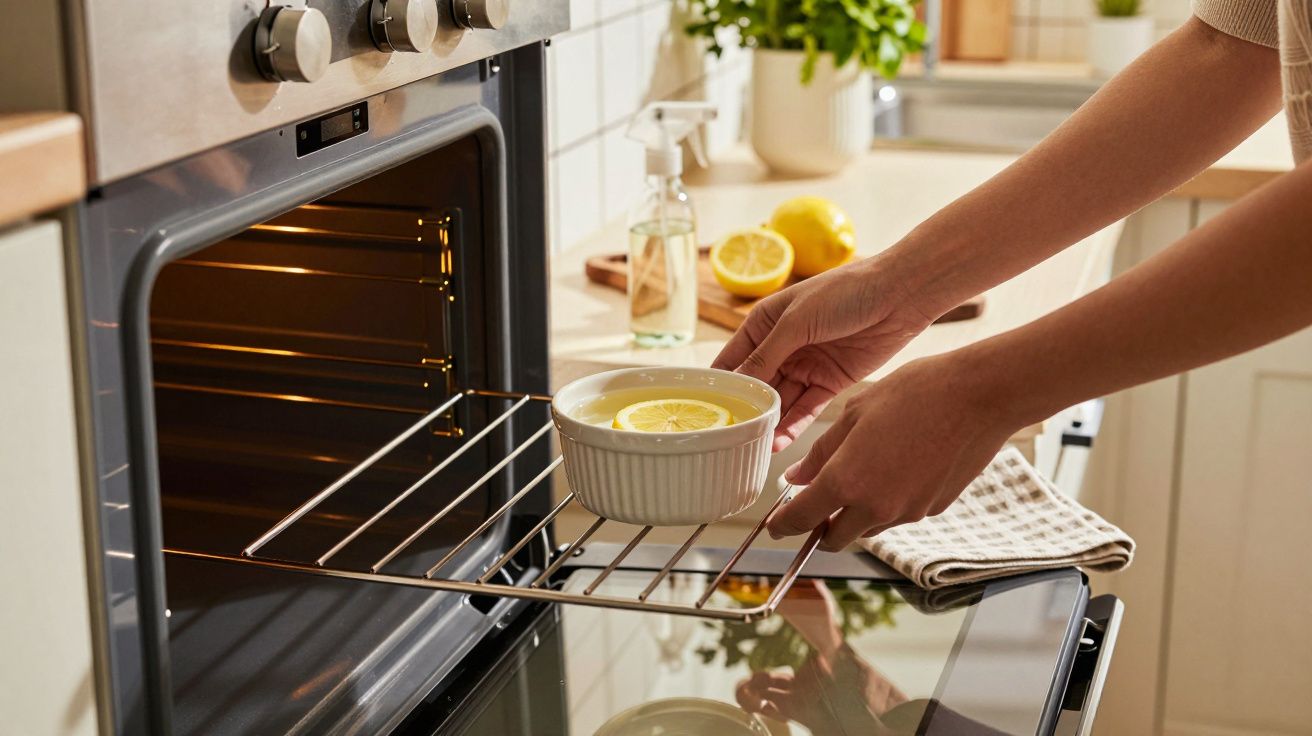 Pessoa a colocar uma tigela com limão cortado no forno numa cozinha iluminada.