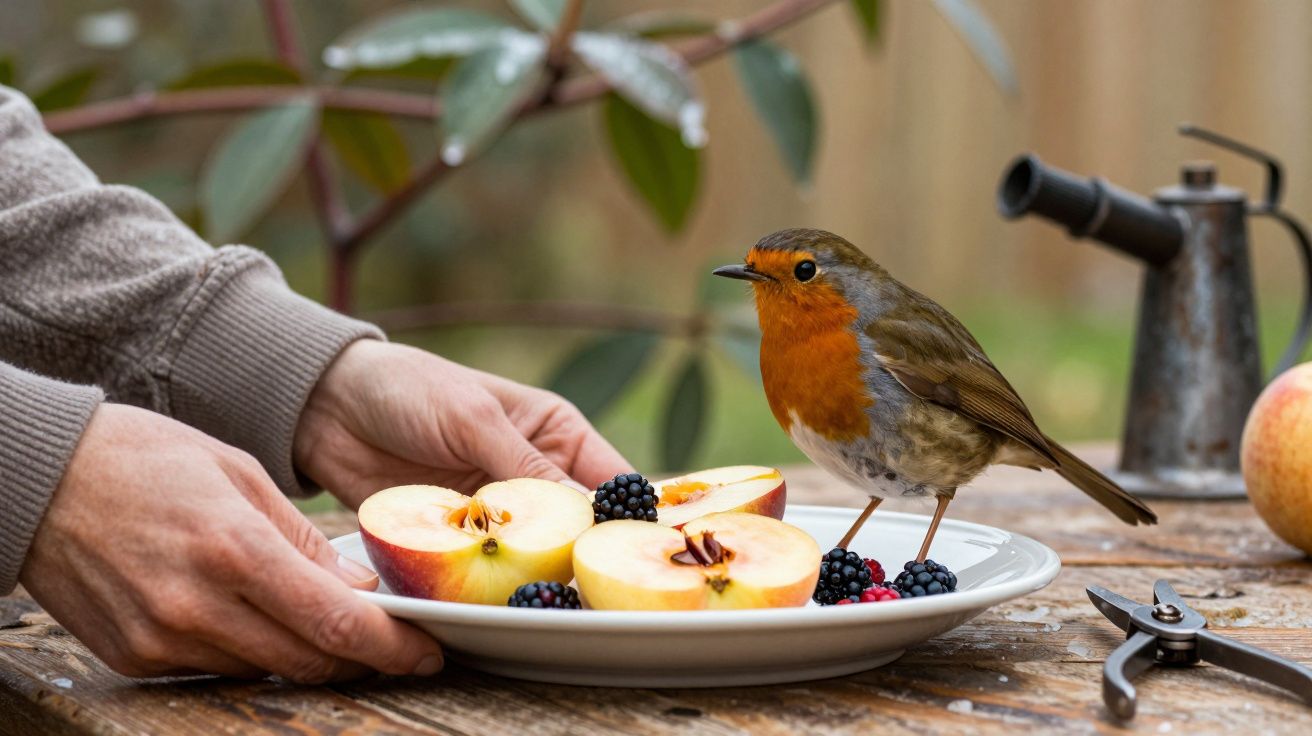 Pessoa a segurar prato com maçãs e amoras, enquanto um pisco-de-peito-ruivo pousa sobre o prato.