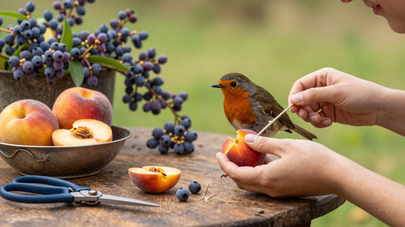 Pessoa a cortar pêssego com um pássaro pousado na mão, mesa com caixas de uvas e pêssegos ao lado.