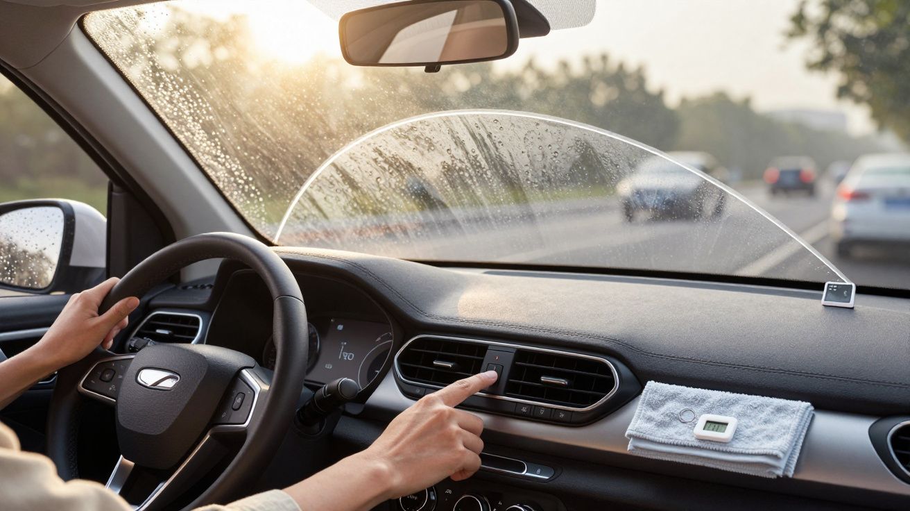 Pessoa ao volante num carro, usando o painel de controlo; pára-brisas com marcas de água ao amanhecer.