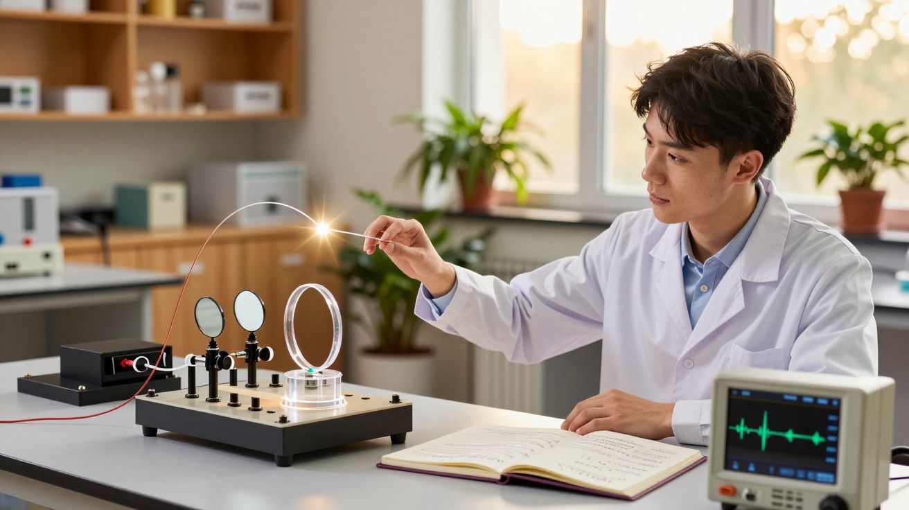 Cientista em laboratório realiza experimento com equipamento elétrico e anotações em caderno.