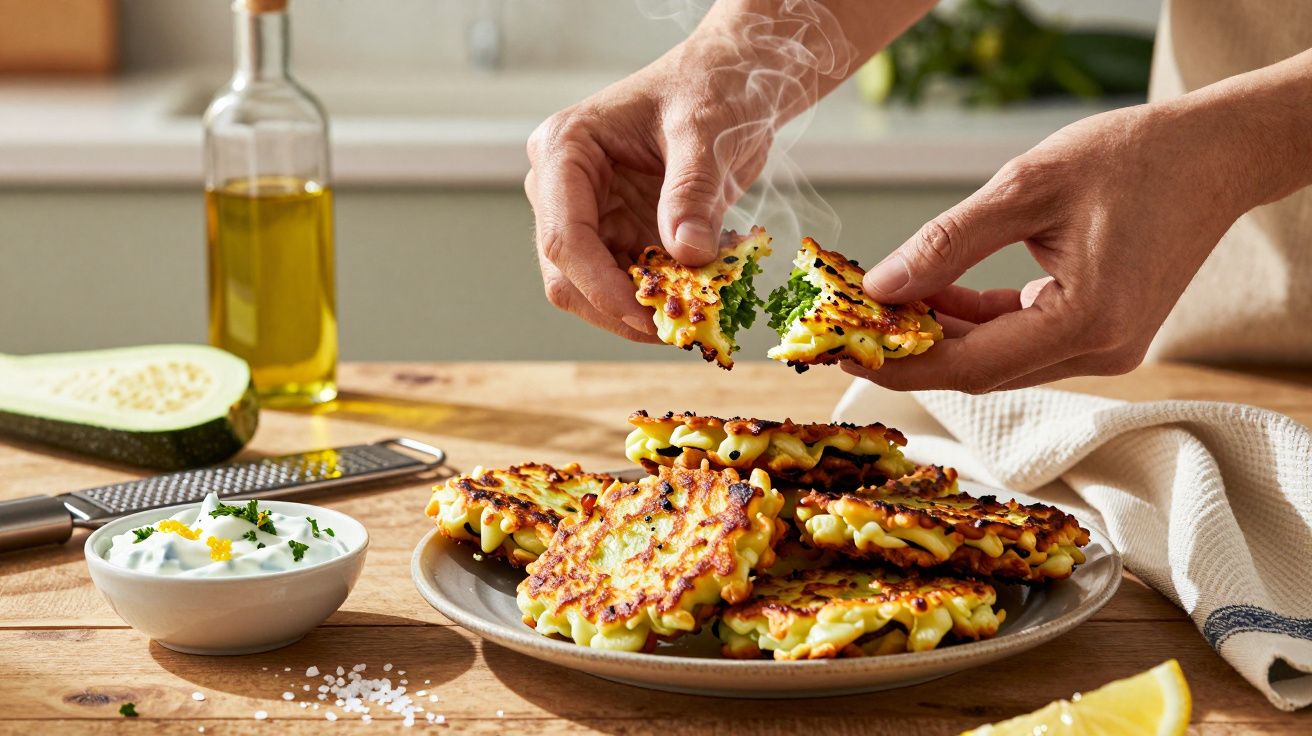 Mãos seguram panqueca de legumes, com molho e azeite sobre a mesa.
