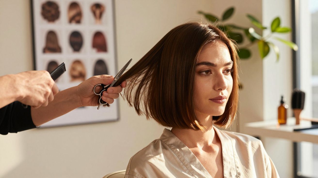 Mulher num cabeleireiro a cortar o cabelo, sentada com expressão serena.