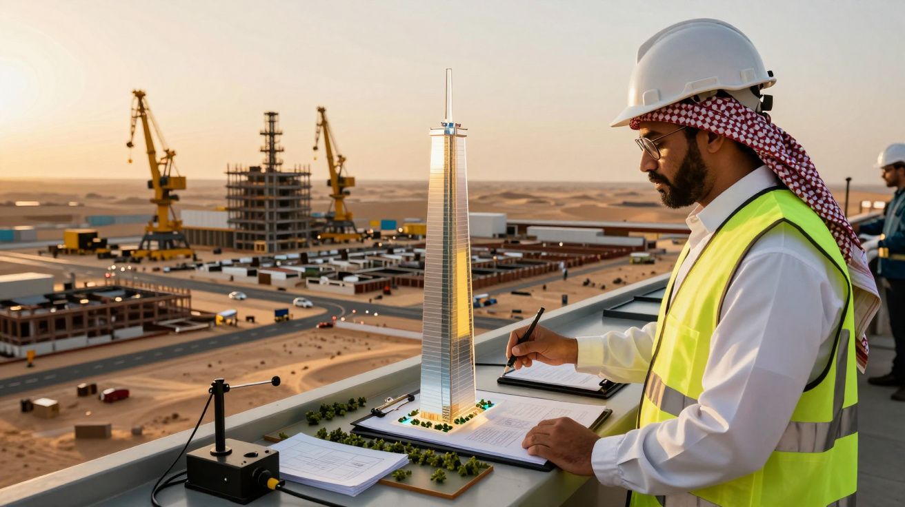 Engenheiro num terraço com maqueta de arranha-céus, visto sobre construção urbana ao fundo, pôr do sol.