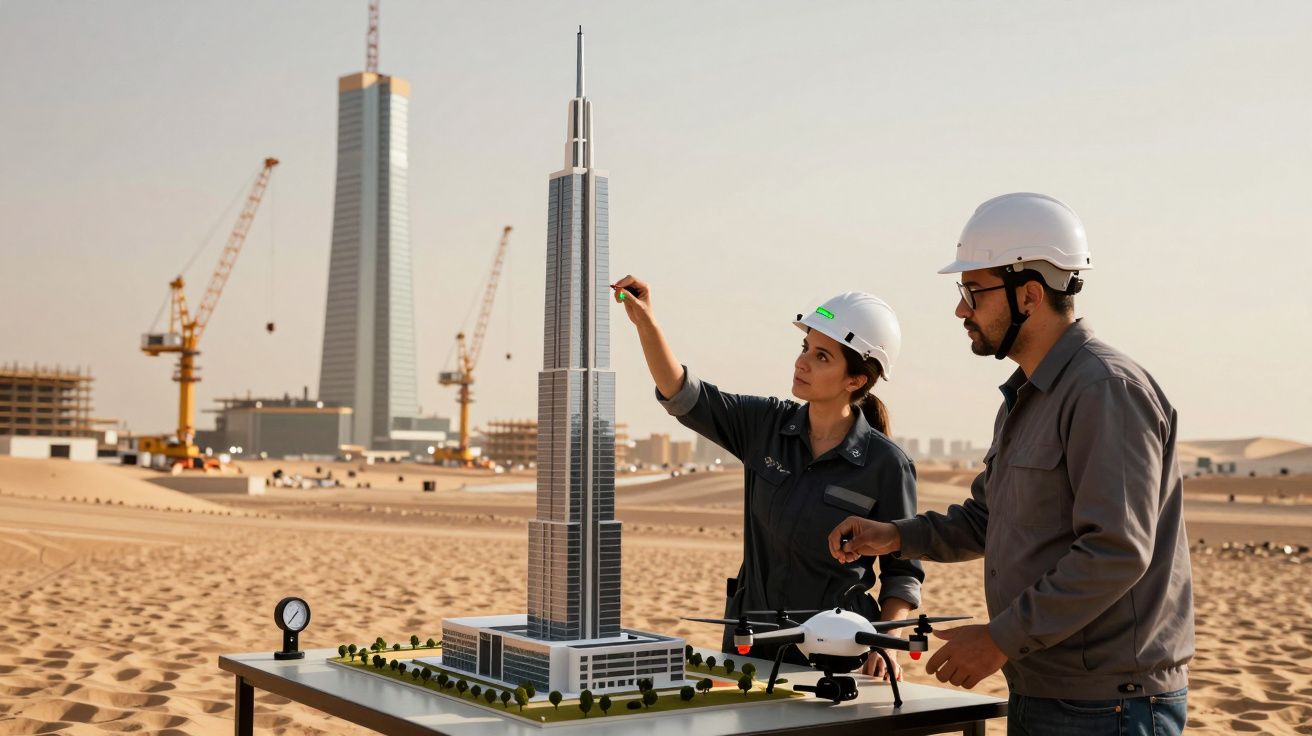 Duas pessoas com capacetes analisam maquete de arranha-céus em mesa, no deserto, com gruas ao fundo.