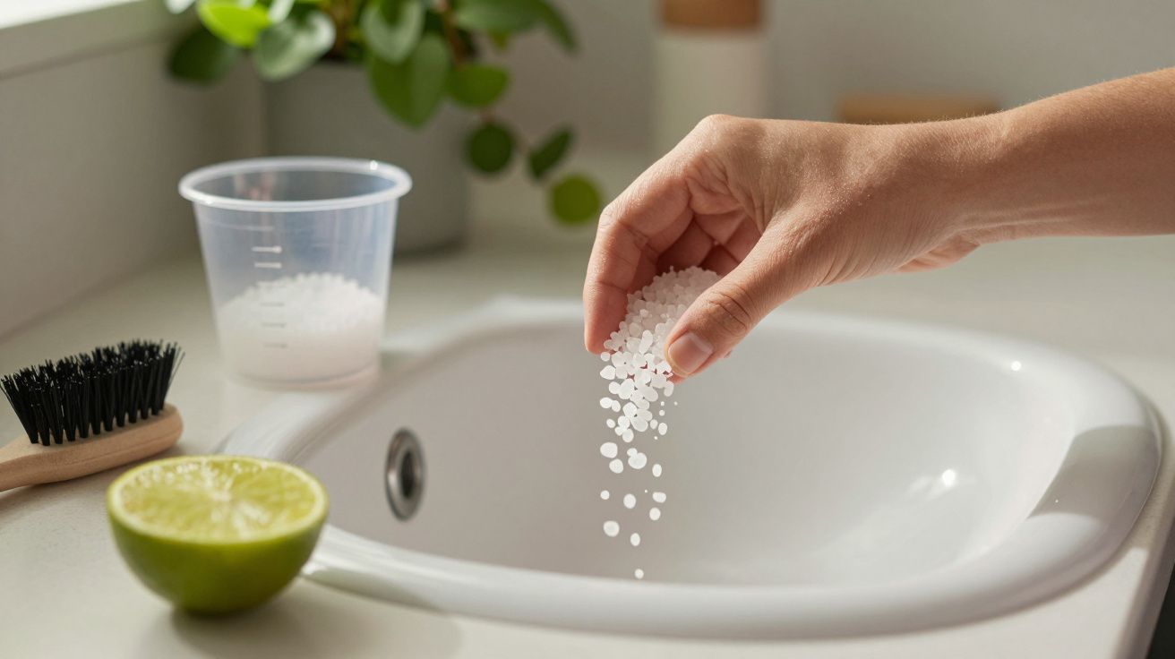 Mão despejando grânulos na pia com limão, escova e copo medidor ao lado.