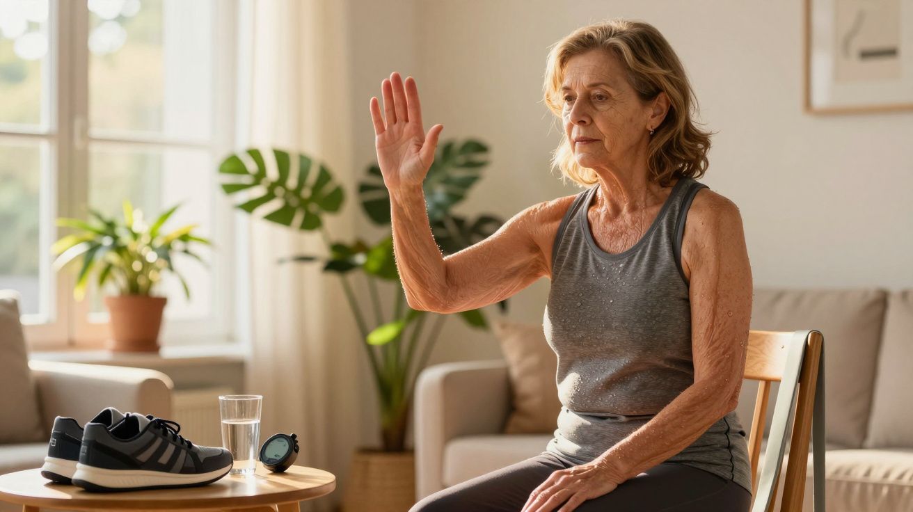 Mulher idosa faz exercício de braço sentada numa cadeira, com sapatilhas e água numa mesa ao lado.