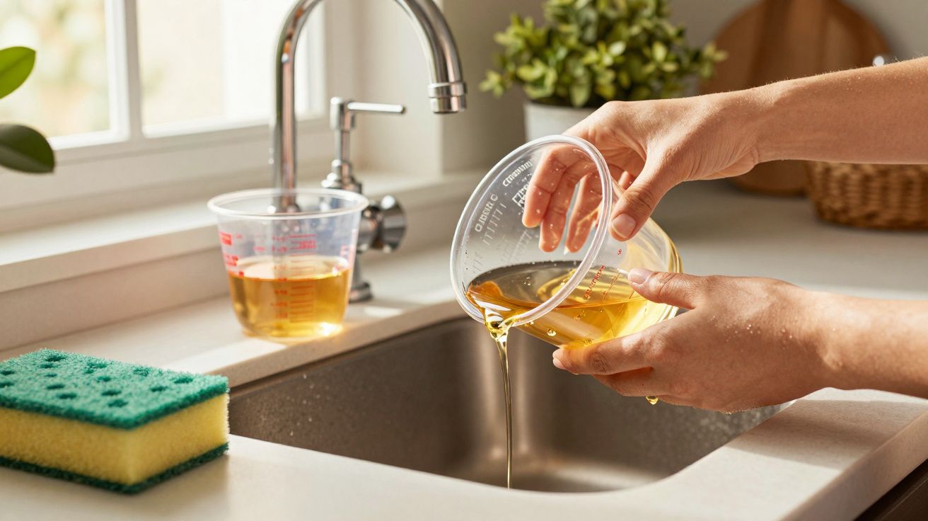 Pessoa a verter óleo de cozinha líquido para um lava-loiça, com uma esponja verde e amarela ao lado.