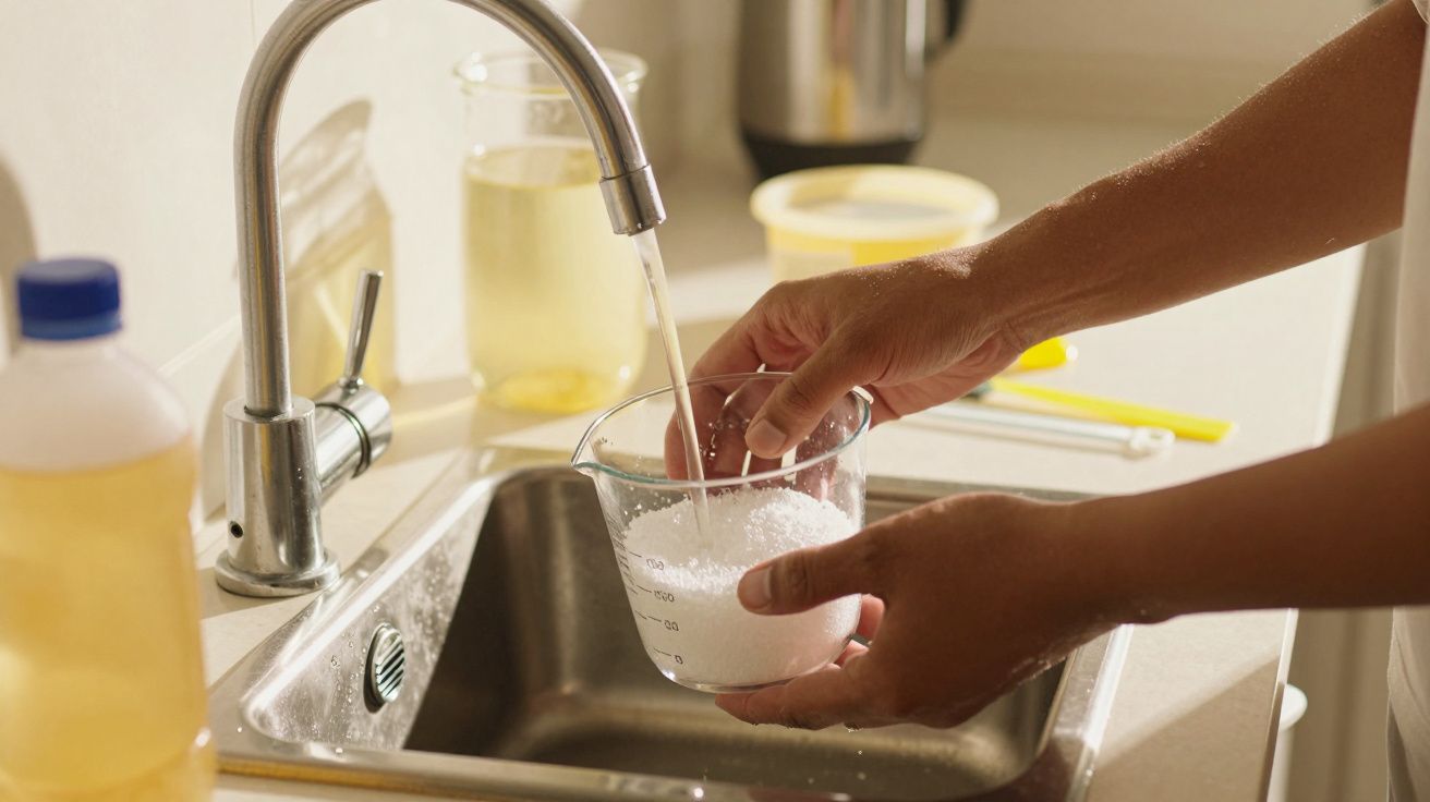 Mãos de pessoa enchendo copo medidor com água da torneira, espuma visível, cozinha ao fundo.