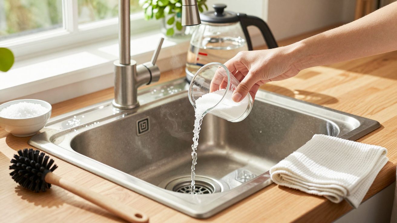 Mão a despejar sal num lava-loiça prateado com objetos de limpeza ao redor.