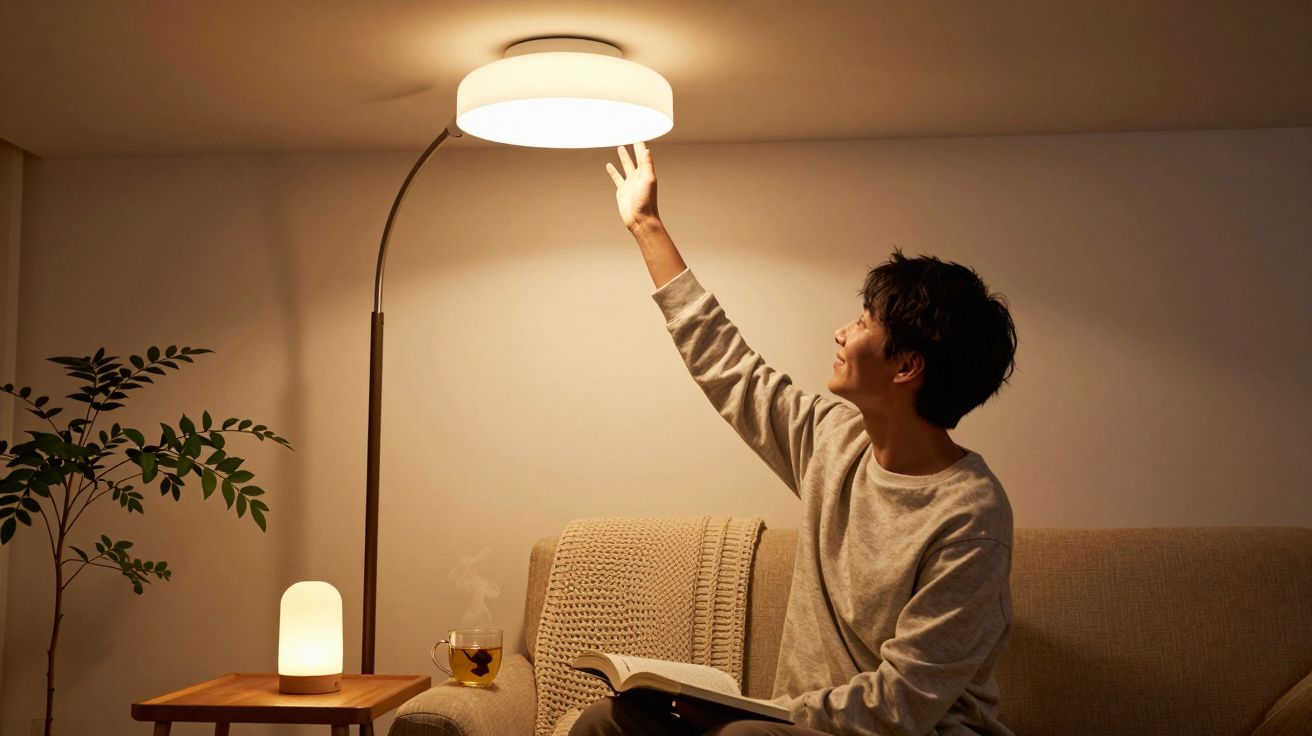Homem sentado no sofá ajusta candeeiro de arco moderno, com livro e chá ao lado, em sala acolhedora.