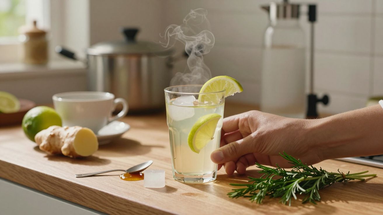 Mão segurando copo com bebida e fatias de lima, gengibre, mel, chávena e alecrim numa bancada de madeira.