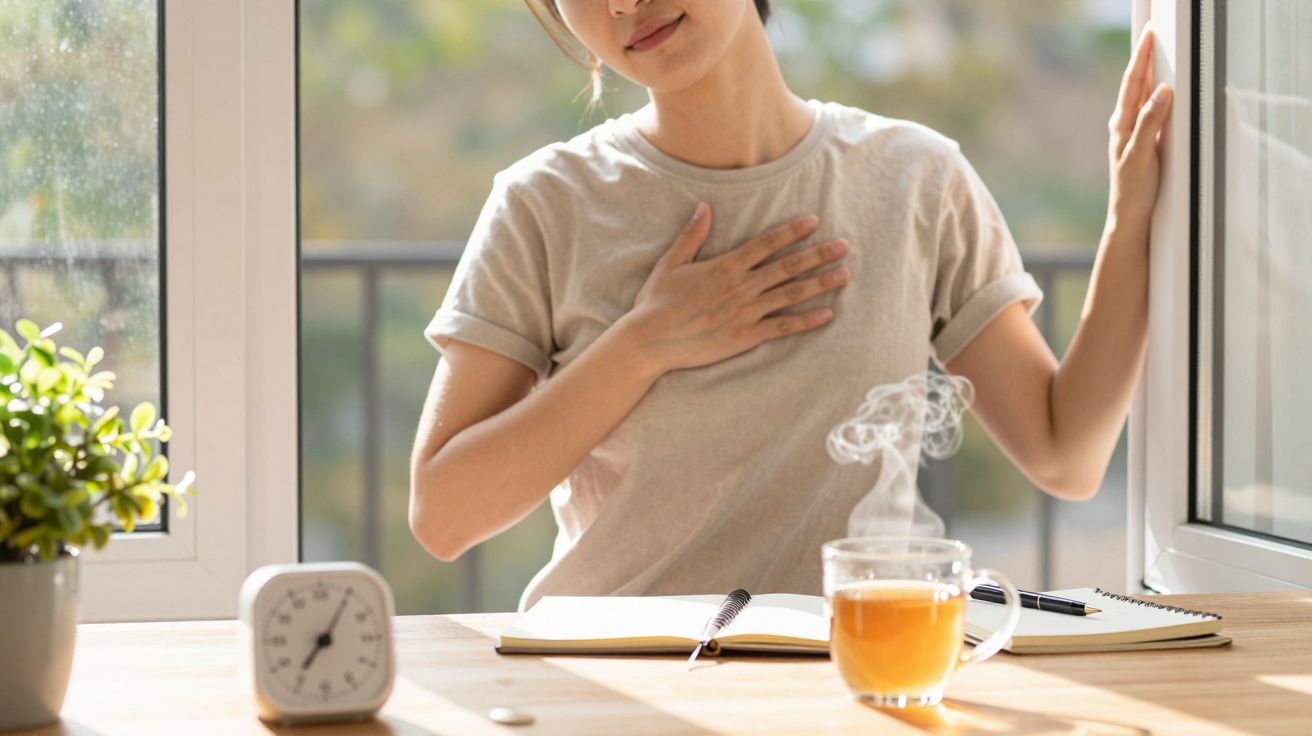 Mulher sentada junto à janela, mão no peito, chá quente, caderno e relógio em cima da mesa.
