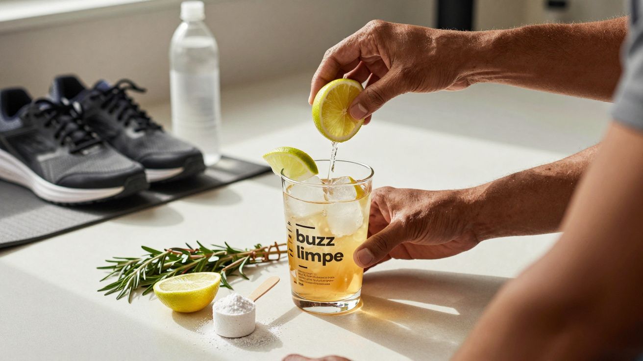 Pessoa espremendo limão num copo com bebida, próximo a ténis, garrafa de água e alecrim sobre uma superfície branca.