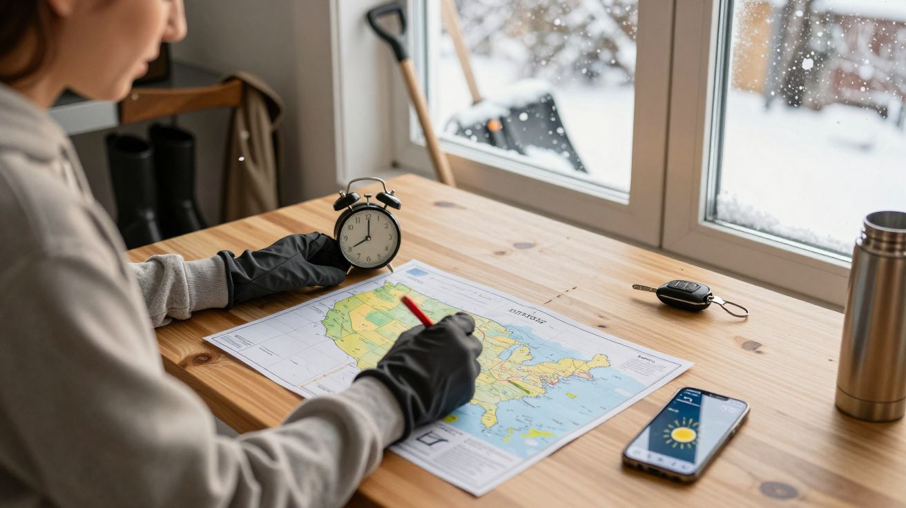 Pessoa com luvas escreve num mapa sobre a mesa de madeira; há um despertador e telemóvel com previsão do tempo.