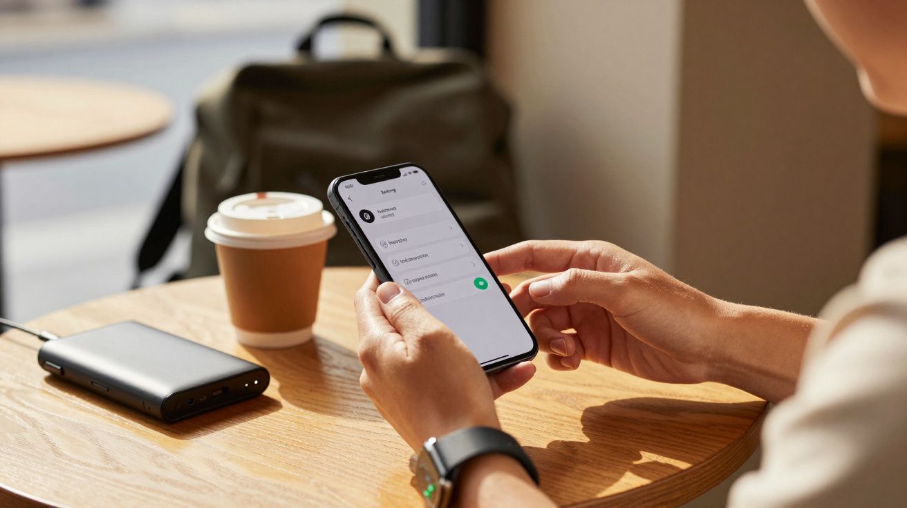 Pessoa com smartphone numa mesa de café, com bebida e power bank ao lado.