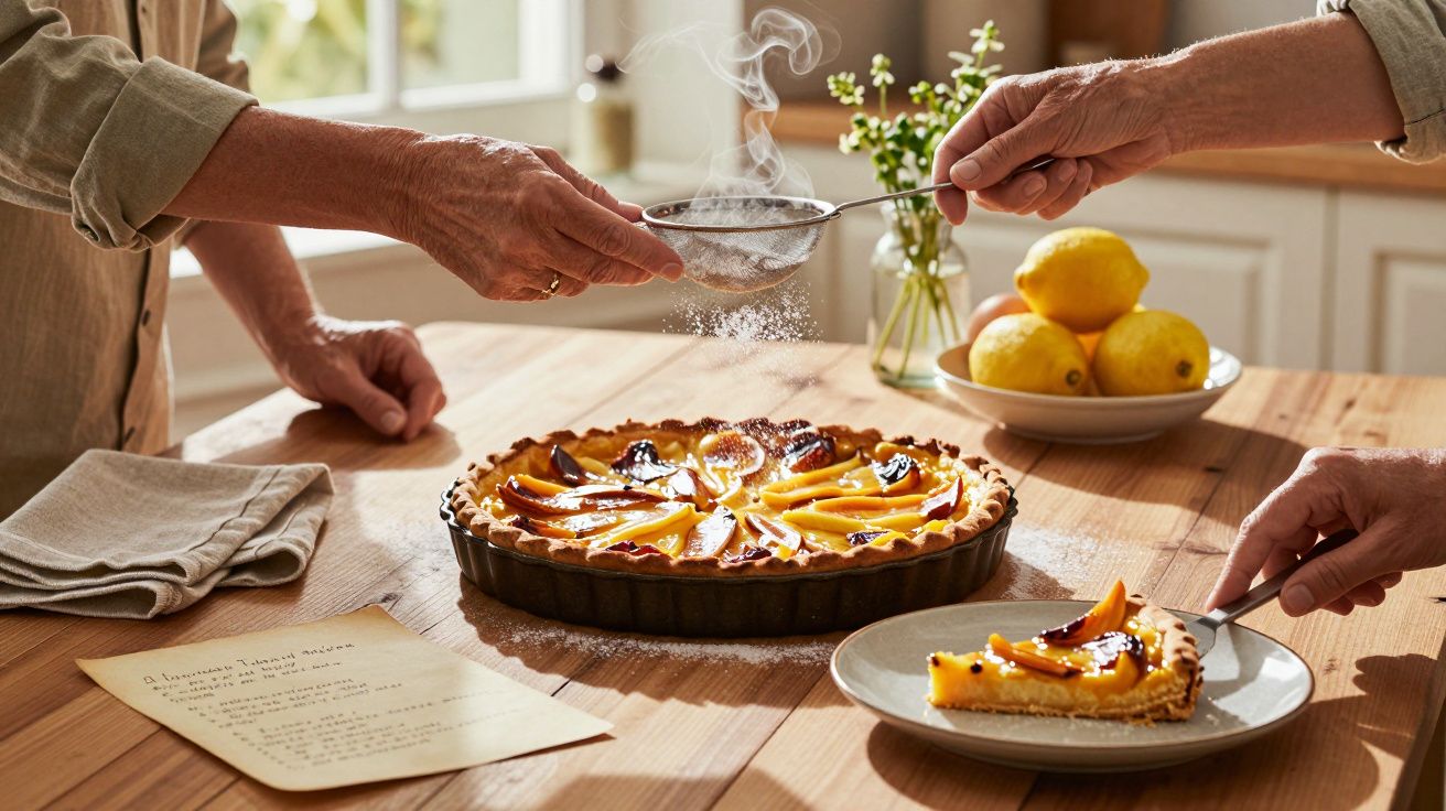 Duas pessoas decoram uma tarte de pêssego com açúcar em pó numa cozinha ensolarada, com limões ao fundo.