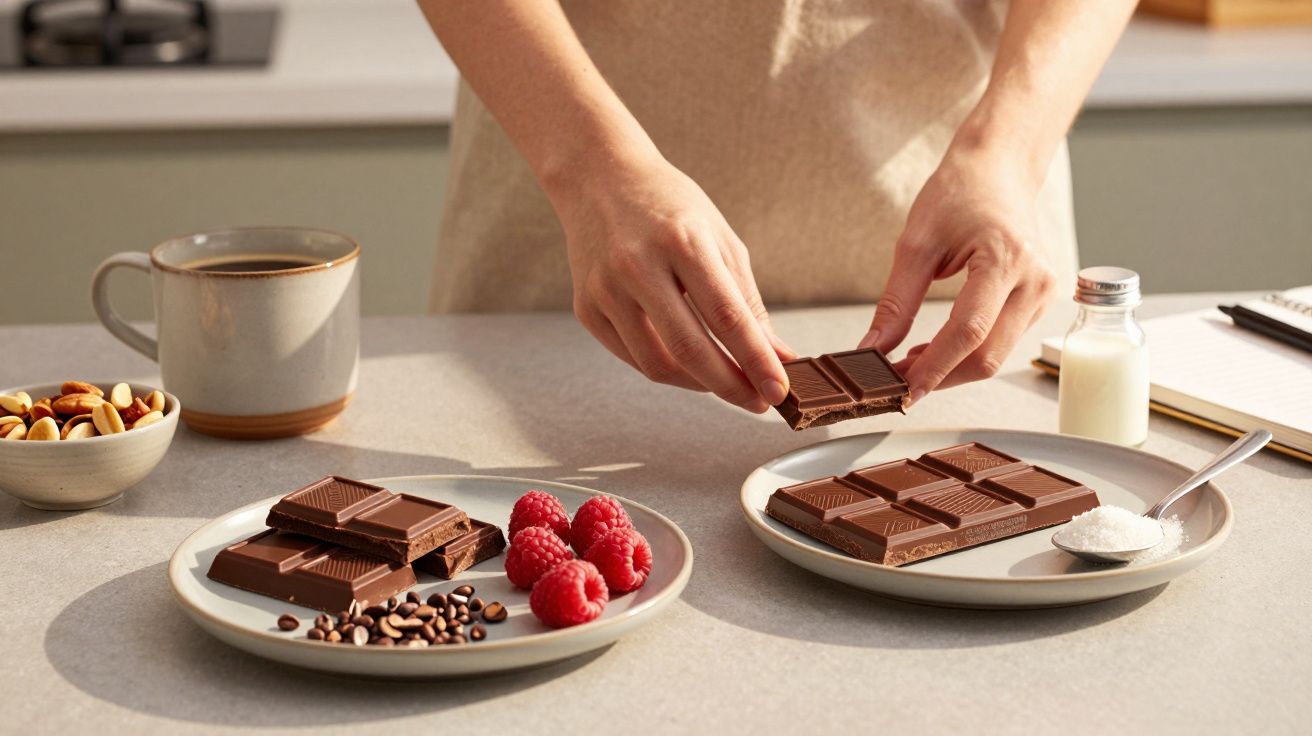 Mãos segurando tabletes de chocolate sobre mesa com chocolate, framboesas, café e leite ao lado.